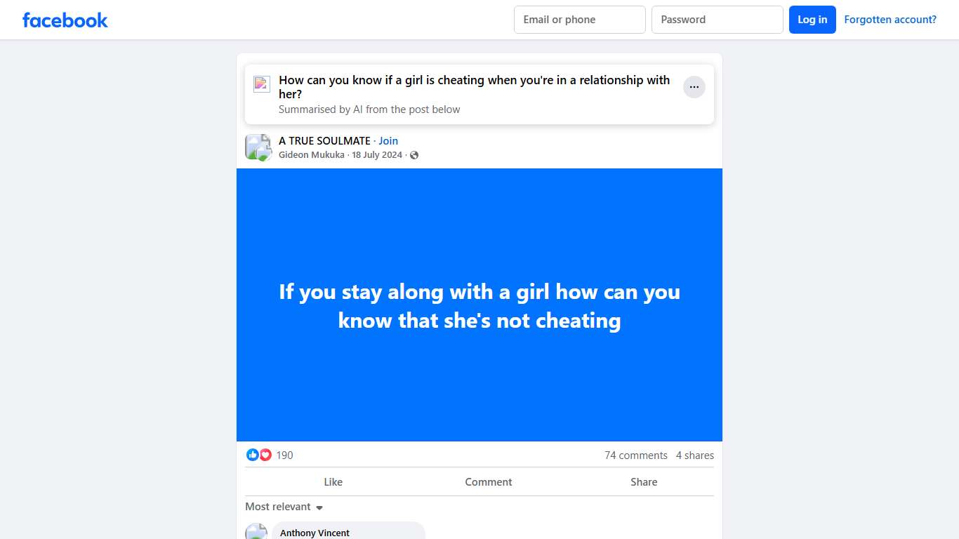 A TRUE SOULMATE | If you stay along with a girl how can you know that she's not cheating | Facebook